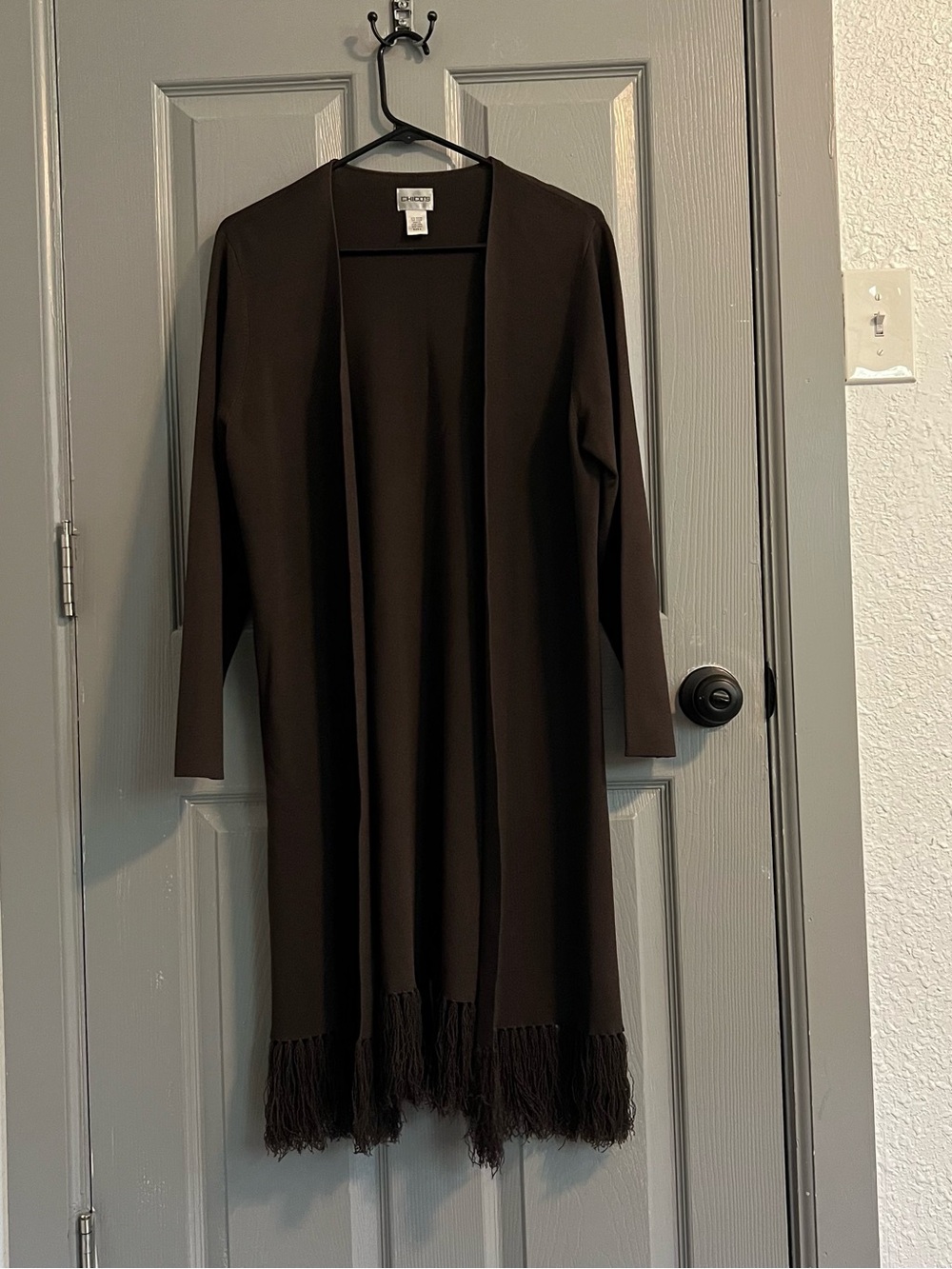 Chico's Dark Chocolate Brown Open Front Fringe Long Cardigan 3 Rustic Espresso